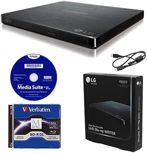 LG BP60NB10 Portable 6X Ultra HD 4K Blu-ray Burner External Drive with CyberLink Software, 50GB M-DISC BD-R DL, and USB Cable - Burns CD DVD BD DL BDXL Discs LG BP60NB10 Portable 6X Ultra HD 4K Blu-ray Burner External Drive with CyberLink Software, 50GB M-DISC BD-R DL, and USB Cable - Burns CD DVD BD DL BDXL Discs