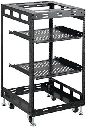 Tedgetal 15U Open Frame Rack for Servers & AV Gear - Wall Mountable Design Includes 2X Vented Shelves, 4X Leveling Feet, 4X Casters
