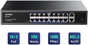 Aumox 18-Port Ethernet Gigabit PoE Switch, 16-Port PoE with 2 Uplink Gigabit Ports, 250W Built-in Power, Metal Casing and 19-inch Rackmount, Traffic Optimization, Plug and Play, Unmanaged(SG518P)
