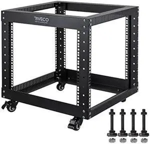 RIVECO 9U Open Frame Server Rack with Casters- Heavy Duty 4 Post Quick Assembly 19-inch, Stereo Rack Network Cabinet Black