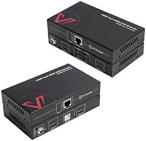 HDMI USB KVM Extender Dual Monitor Over Cat5e/6/6a/7 up to 1080p@60Hz 197ft, Zero Latency Extended Dual View, Display 2 Monitors with 4 USB 2.0 Ports for Keyboard/Mouse, HDCP 1.4, PoC, Plug and Play