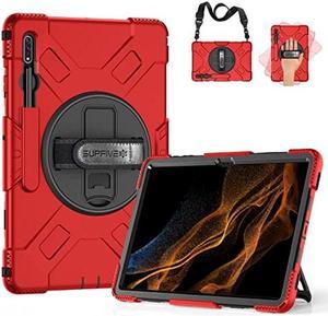 SUPFIVES Case for Galaxy Tab S8 Ultra 2022 : Military Grade Heavy Duty Silicone Protective Cover for Tablet S8 Ultra 14.6 Inch w/S-Pen Holder + Rotating Stand + Handle + Shoulder Strap - Red