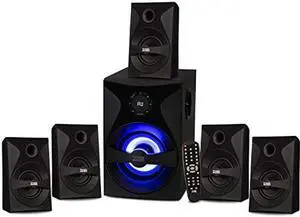 Acoustic Audio by Goldwood Bluetooth 5.1 Surround Sound System with LED Light Display, FM Tuner, USB and SD Card Inputs - 6-Piece Home Theater Speaker Set, Includes Remote Control - AA5400 Black