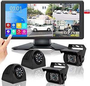 4K RV Backup Camera System with 10.36'' Monitor for RV Truck Bus Trailer with Rear Side View 4 AHD Camera 4 Splits Touch Screen DVR Recording IP69 Waterproof Bluetooth Music Video Playback Avoid Blind
