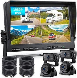 Fookoo II 10" 1080P Wired Backup Camera System Kit,10" HD Quad Split Screen Monitor with Recording IP69 Waterproof Rear View Side View Camera Parking Lines for Truck/Semi-Trailer/Box Truck/RV(DY104)