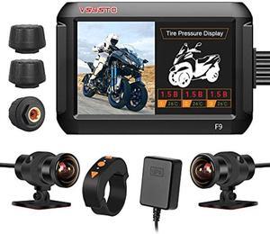 VSYSTO WiFi Positive/Reversed Three Wheeled Motorcycle Dash Cam, 3 Tire Pressure Sensors, 4'' Screen HD 1080P 170deg Super Wide Angle SONY307 Front and Rear Camera, GPS, Full Body Waterproof (Black-X)