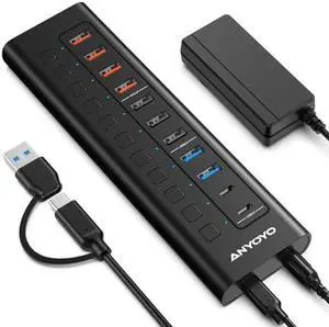 Powered USB Hub, ANYOYO 11-Port 48W USB 3.0 Splitter (5 USB-A Ports+2 2.4A Charging Ports+2 USB-C 3.0 Ports), Wall Mounting Design, Individual On/Off Switches, 12V/4A Power Adapter for Laptop, PC