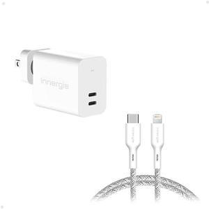 [Bundle Pack: Innergie C3 Duo Single+ + Innergie USB C to Lightning Cable] Innergie 30W PD 3.0 Dual Ports USB C Wall Charger and Innergie USB C to Lightning Cable Apple 3A Fast Charging