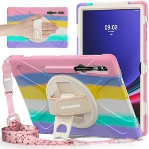 BRAECNstock Galaxy Tab S9 Ultra/S8 Ultra Case 14.6 inch 2023/2022,Shockporoof Protective Tab S9 Ultra/S8 Ultra Kids Cover with Pencil Holder,Rotating Hand Strap&Stand,Shoulder Strap,Colorful Pink
