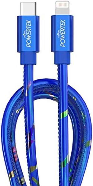 LIQUIPEL Powertek USB C to Lightning iPhone Charger Cable [MFI Certified], Fast Charging 6ft Cord, Neon Party (Blue)