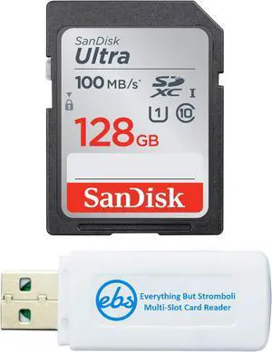 SanDisk 128GB SD Ultra SDXC Memory Card Works with Canon EOS Rebel T5 (SDSDUNR-0128G-GN6IN) Bundle with Everything But Stromboli Memory Card Reader