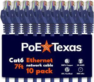 PoE Texas Cat 6 Ethernet Cable 7 Ft - 10 Pack - Snagless Patch Cable - 10 Gigabit High Speed 24AWG Network Cable - Cat6 Ethernet Cable Cat 6 Cable - Cat 6 Internet Cable Ethernet Cord (Blue, 7 Feet)