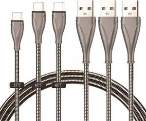 CGCWW USB Type C Cables 3Pack (3/6/6FT), USB A to USB C Cables, Metal Braided Cable Cord Data Transfer Cable with Multi Charging Compatible with Most Type C Devices