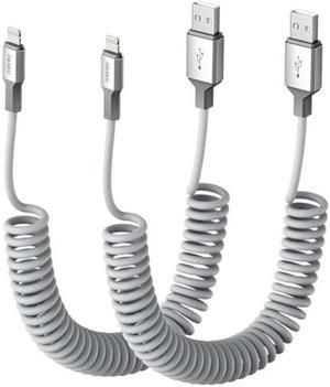 Lightning Cable for Car- Coiled iPhone Charger Cord 2 Pack, 3FT iPhone Charging Cable [Apple MFi Certified] USB to Lightning Cable for iPhone 14/13/12/11 Pro Max/XS MAX/XR/8/7/Plus/SE/CarPlay (Grey)