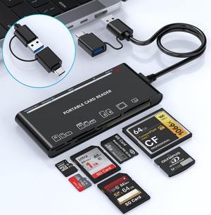 Multi SD Card Reader, Dual Connector USB C USB 3.0 Memory Card Reader Adapter for SD SDXC SDHC TF Micro SD CF MS MMC Camera Memory Card XD Card Reader 5Gbps Read 5 Cards Simultaneously Plug and Play
