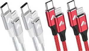Aiminu 2 Pack 1ft USB C to iPhone Cable + 2Pack 6ft USB C to Lightning Cable Compatible with iPhone 13 12 11 Pro Max XS XR X 8 7 6S 6 Plus SE, iPad (White/Red)