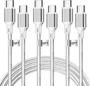 Nylon Braided 3Pack 60W 10FT USB C to USB C Charger Cable Compatible for iPhone 15 /Pro/Pro Max/Plus, iPad Pro, MacBook, Samsung, Google - Silver