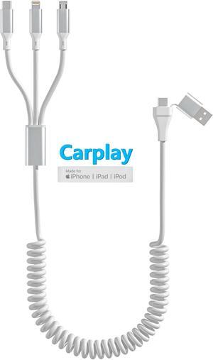 Coiled Lightning Cable for Apple Carplay [MFi Certified] Coiled Multi Charging Cable with Lightning Data,USB A/C to iPhone Car Charger Cord (Not compatible with iPhone 15 Carplay & Android Auto),White