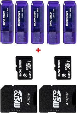 Micro Center SuperSpeed 5 Pack 64GB USB 3.0 Flash Drive+2 Pack 64GB Class 10 MicroSDXC Flash Memory Card