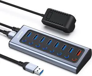 BENFEI 8-Port USB Hub with Power Adapter, USB Splitter Hub(7 Faster Data Transfer Ports + 1 Smart Charging Port) with Individual LED On/Off Switches