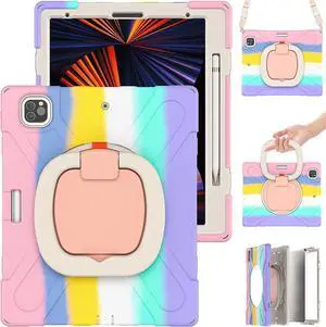 PboyiqiS for iPad Air 13 2025(M3)/2024(M2) Case,Heavy Sturdy Shockproof Kids Case,Rotating Stand/Pencil Holder/Carrying Strap,Aslo for iPad Pro 12.9 inch (Colourful Pink)