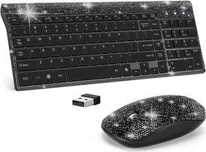 Dazzling Luxury Keyboard and Mouse Wireless, Sparkly Bling Rhinestone Wireless Mouse and Keyboard Gift Set (Black)