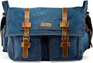 Messenger Bag for 17 Inch Laptop Vintage Canvas Leather Shoulder Crossbody Satchel Shoulder Computer College Bag Travel Office Messenger Bag for Men Women - Blue