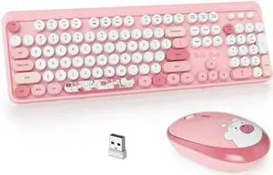 GTSP Pink Typewriter Keyboard Wireless Mouse Combo, Cute Keyboard 2.4G Office Full-Sized Retro Keyboard with Round Keycaps for Laptop PC Desktops(Pink)
