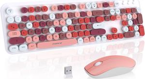 Keyboard and Mouse Wireless,Cute Retro Wireless Keyboard Mouse Combo with Round Key,2.4Ghz Dropout-Free Connection,Typewriter Wireless Keyboard Mouse Set for PC Laptop Desktop Computer-Pink Colorful