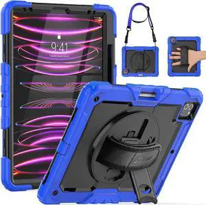 SEYMAC iPad Pro 12.9 Case 2022/2021/ 2020/2018, Heavy Duty Protection Shockproof Case with Screen Protector, Rotating Stand/Handle/Shoulder Strap for iPad 12.9" 6th/ 5th/ 4th/ 3rd Gen, Blue