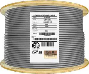 Elite 25 Pair Cat5e Riser (CMR), 500ft, UTP 24AWG, Solid Bare Copper, 350MHz, UTP (Unshielded Twisted Pairs), UL Listed, Bulk Ethernet Cable Reel, Gray