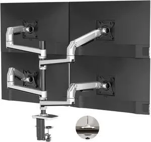 Ergounion Quad Monitor Mount, Holds Screens up to 40 Inches and 25 lbs, Fully Adjustable 4 Monitor Mount with C-Clamp and Grommet Base, Aluminum, Silver
