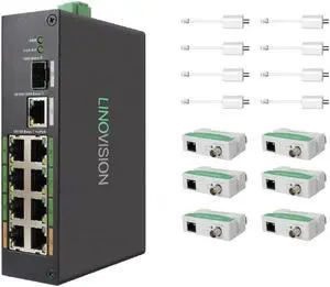 LINOVISION Industrial 8-Port EOC & POE Switch with 6pcs EOC Transmitters, Long Reach PoE Over Coax or UTP Cable, Simplified Wiring, Upgrading Analog System to IP Surveillance System