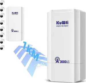 KuWFi 300Mbps Point to Point Wireless Bridge, WiFi Ethernet Bridge Long Range, 2.4G Wireless Access Point Outdoor CPE with 100Mbps Port, 1KM Transmission Distance Solution for PTP/PTMP, POE Powered