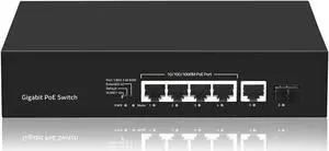 KuWFi Gigabit Ethernet Network Switch Plug & Play High Speed with 4 PoE Ports and 1 Ethernet Uplink and 1 Uplink Fiber for IP Camera and Access Points -52V