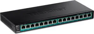 TRENDnet 16-Port Gigabit PoE + Switch, 16 x Gigabit PoE+, 120W Budget, Up to 30W Per Port, 1U 19" Rackmount Brackets Included, Fanless, Lifetime Protection, Black, TPE-TG161H