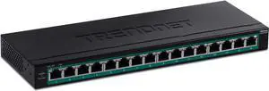 TRENDnet 16-Port Gigabit PoE+ Switch, TPE-TG160H, 123W PoE Power Budget, 32 Gbps Switching Capacity, Desktop Switch, Ethernet Network Switch, Metal, 1U 10" Rack Mountable, Lifetime Protection