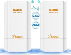 KuWFi Point to Point Wireless Bridge, 5.8G 900Mbps 2KM WiFi Ethernet Bridge Long Range, Wireless Access Point Outdoor CPE 100Mbps Port, Pre-Configured Network for WiFi Coverange and CCTV Project