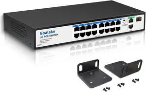 19-Port Ethernet PoE Switch, 16 Port PoE Switch 16 PoE+ Ports @240W, 2 Uplink Gigabit Ports + 1 Combo SFP Slots, Metal Plug and Play, AI Extend &Vlan, Fanless, Overload Protection