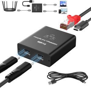 Ethernet Splitter 1 to 2 Out (Double USB-C Port), Upgrade Design RJ45 Splitter with USB Power Cord, Gigabit LAN Internet Adapter, High Speed Max 1000Mbps, Dual Type-C Port for USB C & A to C Cable