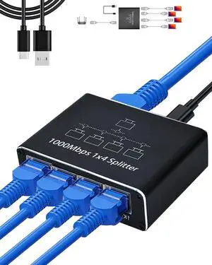 LIEZHUA Ethernet Splitter 1 to 4 - Network Splitter with USB Power Cable, RJ45 Internet Splitter Adapter 1000Mbps High Speed for Cat 5/5e/6/7/8 Cable [4 Devices Networked Simultaneously]
