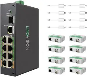 LINOVISION Industrial 8-Port EOC & POE Switch with 8pcs EOC Transmitters, Long Reach PoE Over Coax or UTP Cable, Simplified Wiring, Upgrading Analog System to IP Surveillance System