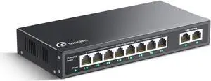 10 Port PoE Switch with 8 Ports, 2 Uplink, 96W, 802.3af/at PoE+ 100Mbps, Plug & Play Unmanaged Network Switch, Desktop or Wall Mount