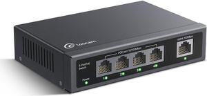 5 Port PoE Switch(4 PoE Ports + 1 Uplink), 802.3af/at PoE+ 100Mbps, 65W, Extend to 250Meter, Unmanaged Plug & Play PoE+ Network Switch
