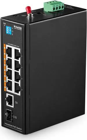 MokerLink 10 Port PoE Industrial Din Rail Switch, 8 Ports PoE+ 100Mbps IEEE802.3af/at, 1 Gigabit Ethernet and 1 SFP Uplink, Vlan & Extend Mode, DIN-Rail & Wall Mount