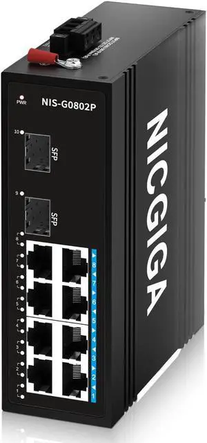 NICGIGA 8 Port Industrial Gigabit PoE Ethernet DIN-Rail Switch, with 8 x 30W PoE Ports @245W + 2 SFP Uplink Network Switch. IP40 Metal Enclosure(-30deg to 75deg)