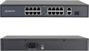 ONWOTE 16 Ports Ethernet PoE Switch @ 300W, 2 x Uplink Gigabit RJ45 Ports, 1 x SFP Slot, Support 4K 8MP 5MP PoE IP Security Cameras, Add-on PoE Injector to PoE NVR System