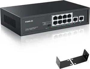 8 Port Full Gigabit PoE+ Switch with Rack Mount Ears, with 2 Gigabit Uplink Ports Up to 30W Per PoE Port, Total Budget 120W, 48 Volt 803.af/at Compliant, Compatible with PoE IP Cameras VOIP Phones