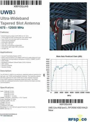 RFSPACE UWB-3 Ultra Wide Band Passive UWB Antenna 675-12000+ MHz for experimentation, education.