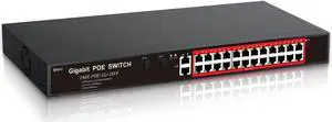 STEAMEMO 24 Port Gigabit Ethernet PoE Switch 24 PoE Ports@360W, 2 Uplink Gigabit Ports and 2 SFP Slots, Metal Casing, Fanless, Plug and Play, Overload Protection w/ Port